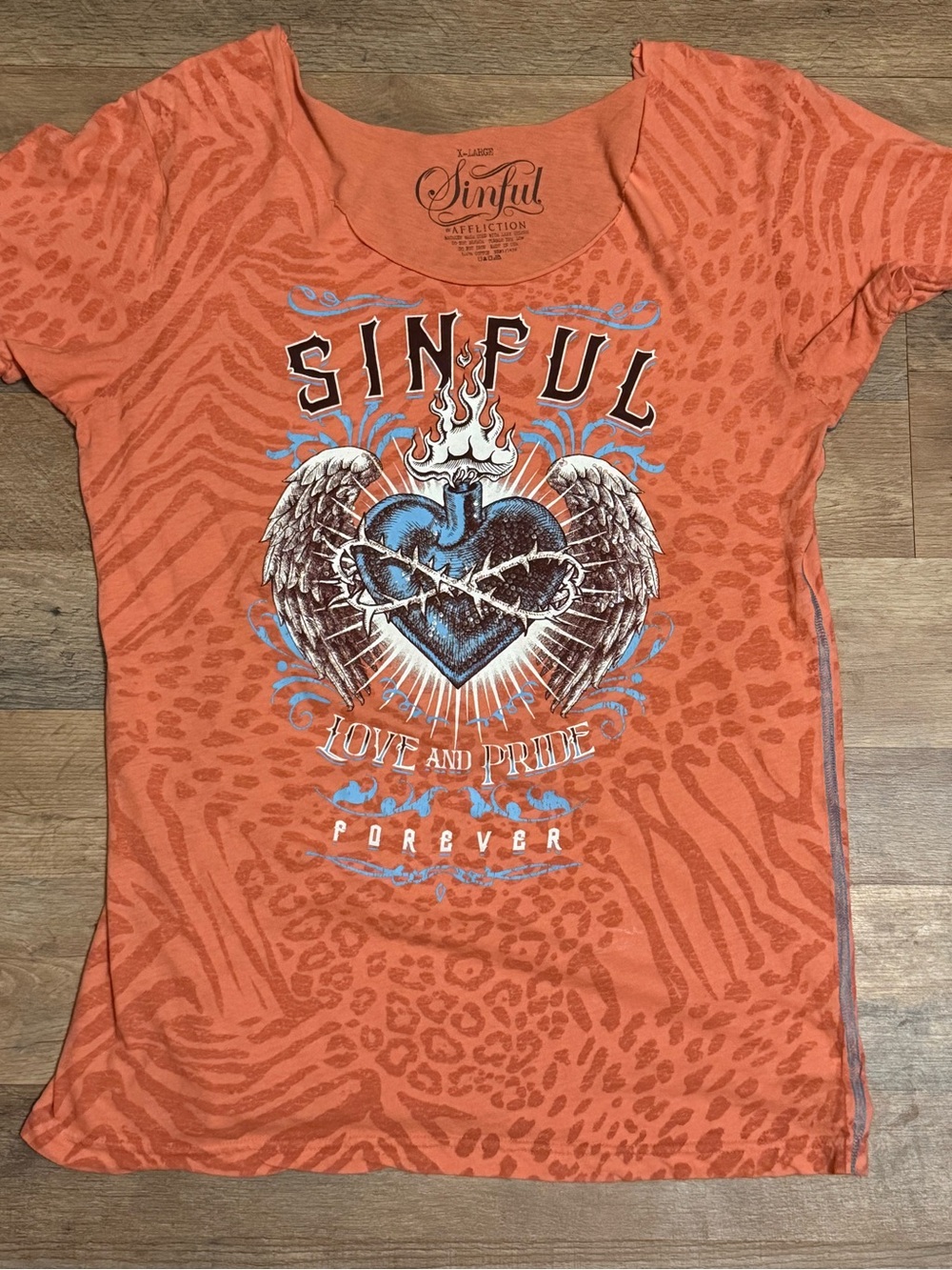 Sinful By Affliction Monica Scoop Neck Top Coral Animal Print•Size X-Large•